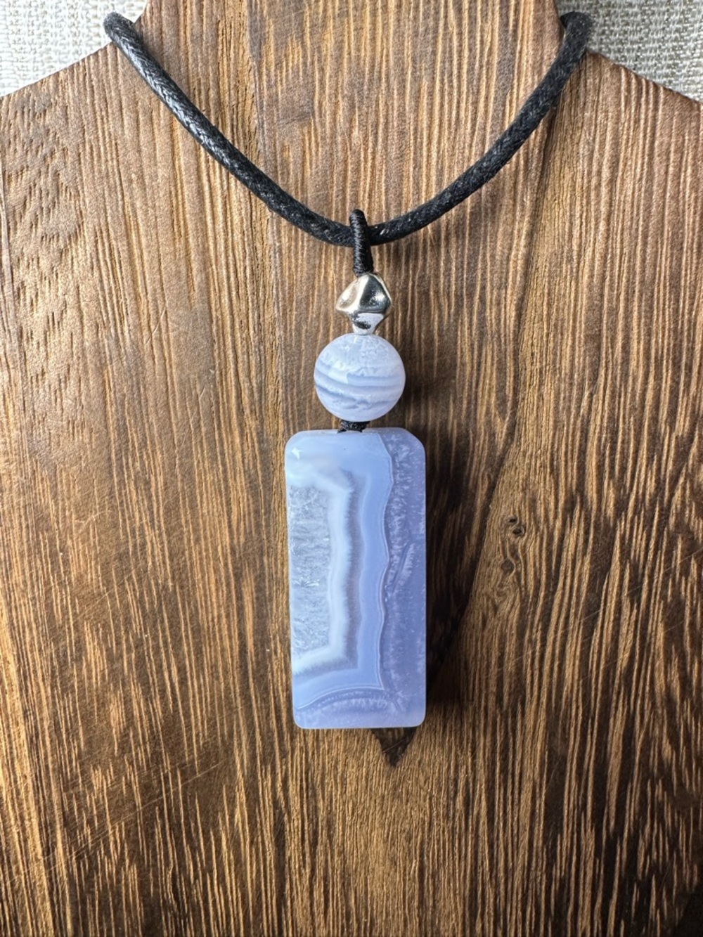 Ice Blue Agate Pendant Necklace with Blue Lace and Silver Plated Accent on Rope